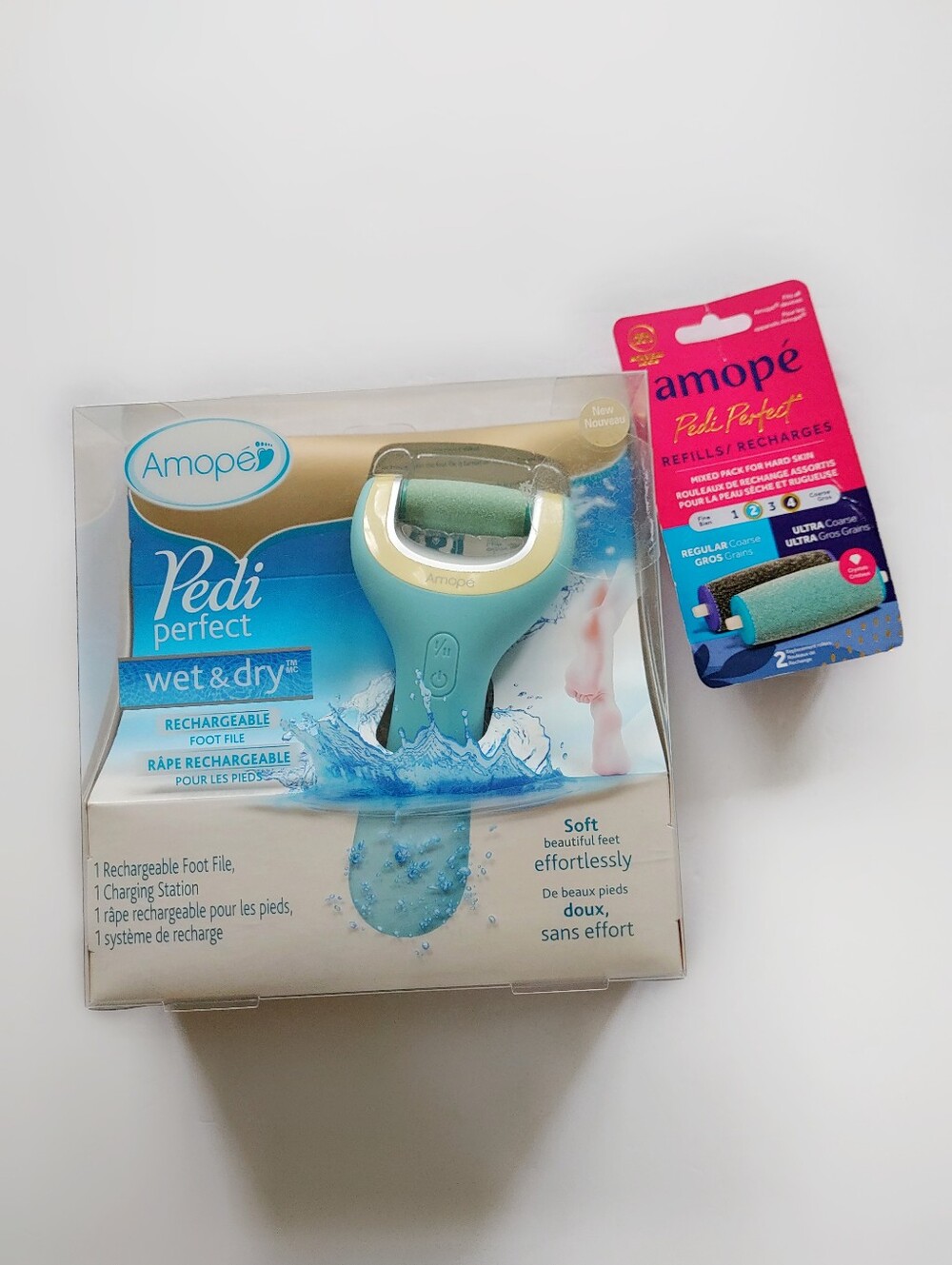 Amope Pedi Perfect Rechargeable Foot File Wet & Dry + Refill 2 Pack NWT